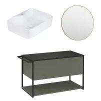 Set dulap baza suspendat Krofam Lov verde-negru 80 cm blat negru cu lavoar si oglinda