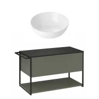 Set dulap baza suspendat Krofam Lov verde-negru 80 cm blat negru si lavoar 39 cm