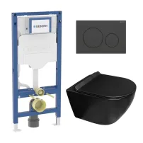 Set rezervor incastrat Geberit Duofix cu set fixare si clapeta Sigma20 negru mat plus vas WC Rune Ivaldi Grande cu capac softclose