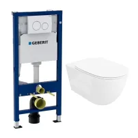 Set rezervor WC cu cadru incastrat Geberit Duofix cu set fixare si clapeta alba Delta20 plus vas WC Rune Ivaldi Grande alb cu capac slim softclose