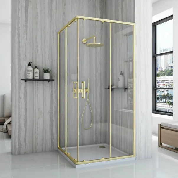 Cabina de dus patrata cu usi glisante auriu Rea City 90x90 cm picture - 2