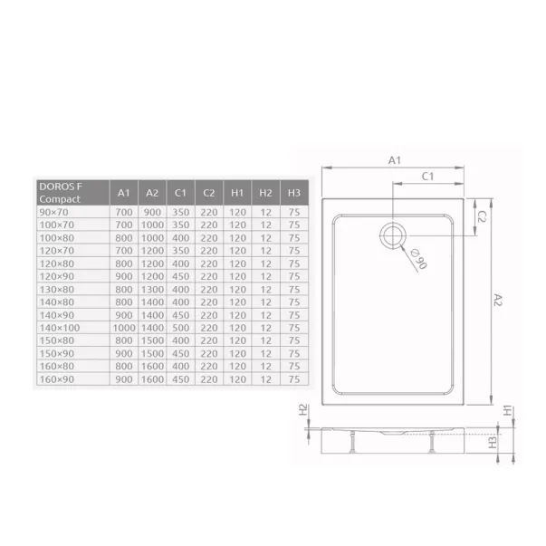 Cadita dus dreptunghiulara Radaway Doros F Compact 120x70 cm acril alb picture - 2
