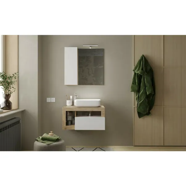 Set dulap baza suspendat si lavoar LC Mobili Italia Hamburg 79 cm finisaj alb/maro lemn picture - 2