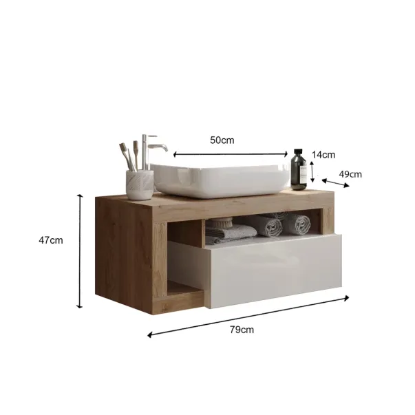 Set dulap baza suspendat si lavoar LC Mobili Italia Hamburg 79 cm finisaj alb/maro lemn picture - 3