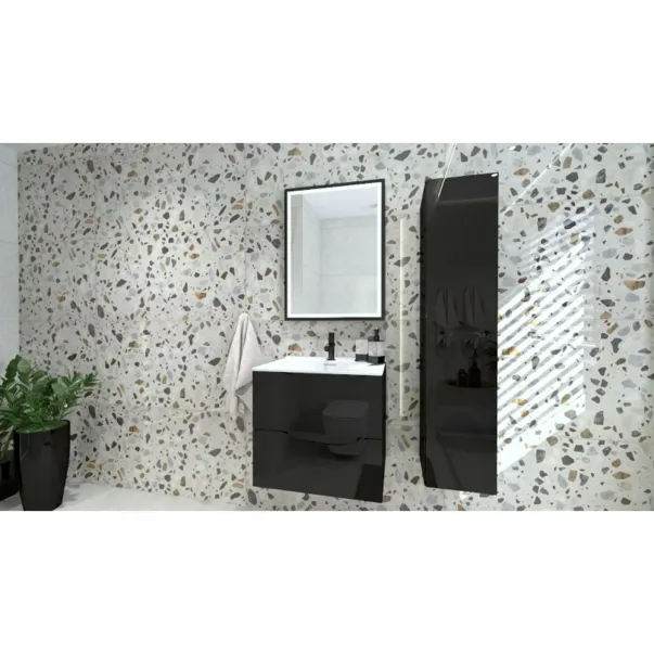 Set dulap baza suspendat Rune Asger 2 sertare 60 cm negru lucios si lavoar alb picture - 2