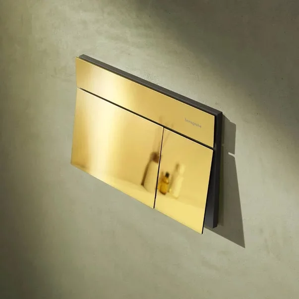 Rezervor incastrat Hansgrohe iFrame 112 cm cu clapeta iFrame Element E auriu lucios plus vas WC Rune Ivaldi alb cu capac softclose picture - 3
