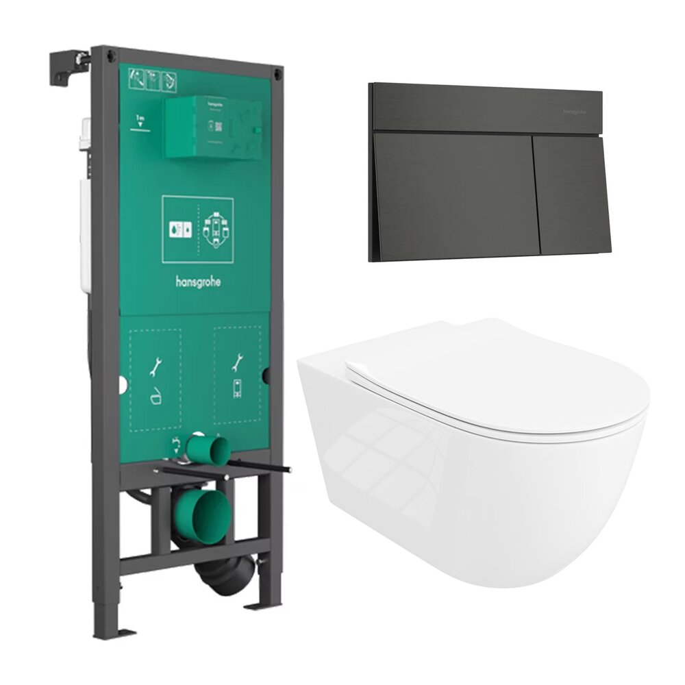 Rezervor incastrat Hansgrohe iFrame 112 cm cu clapeta iFrame Element E negru periat plus vas WC Rune Ivaldi Grande alb cu capac softclose