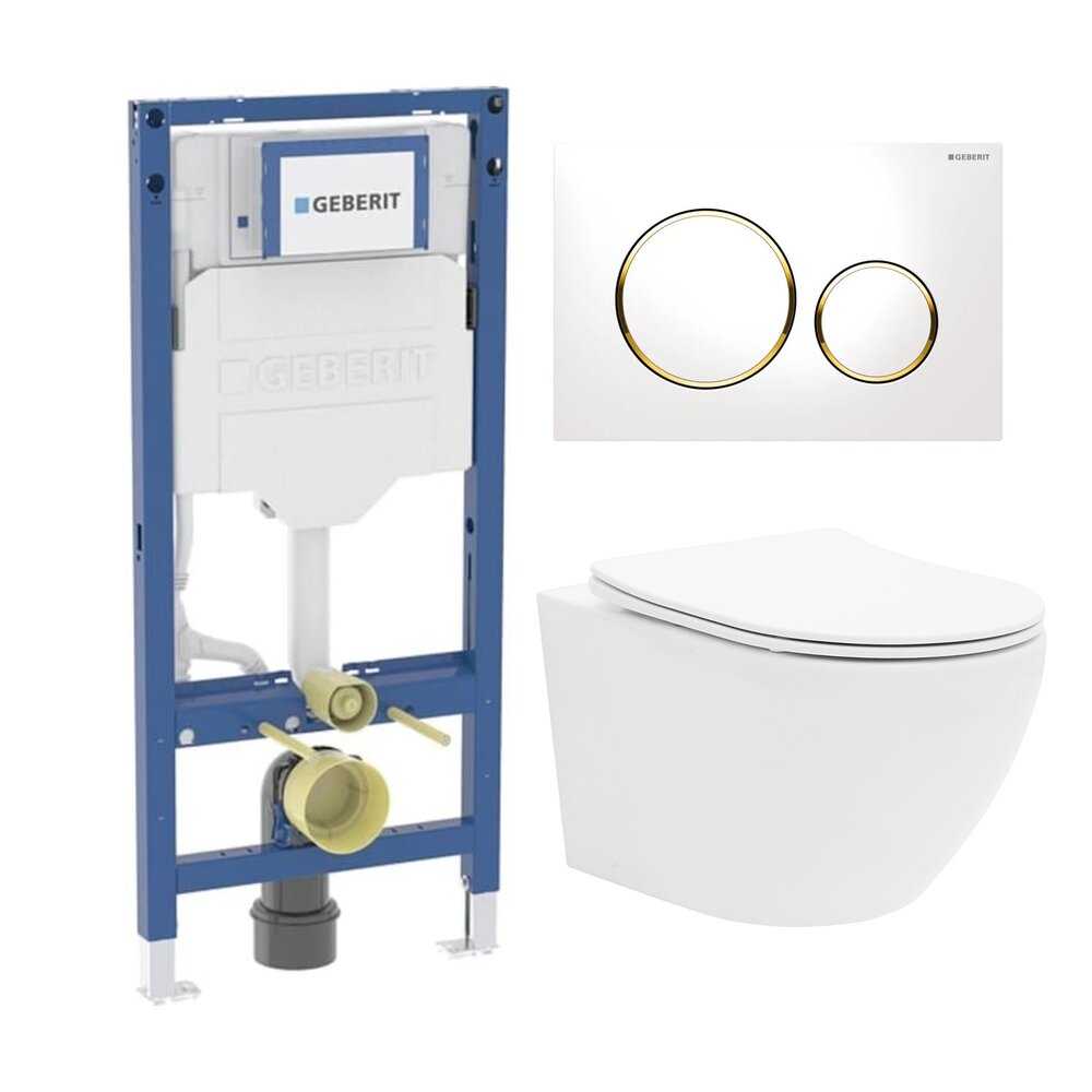 Rezervor WC cu cadru incastrat Geberit Duofix UP320 cu sistem de fixare, clapeta de actionare Sigma20 alb-auriu plus vas WC Rune Ivaldi alb cu capac softclose