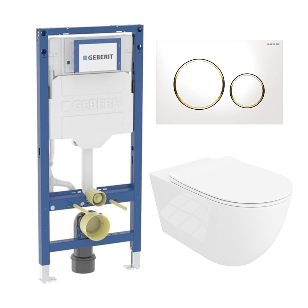 Rezervor WC cu cadru incastrat Geberit Duofix UP320 cu sistem de fixare, clapeta de actionare Sigma20 alb-auriu plus vas WC Rune Ivaldi Grande alb cu capac softclose