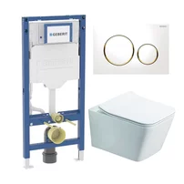 Rezervor WC cu cadru incastrat Geberit Duofix UP320 cu sistem de fixare, clapeta de actionare Sigma20 alb-auriu plus vas WC Rune Jord alb cu capac softclose