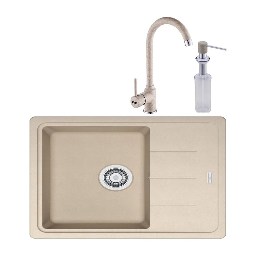 Set chiuveta bucatarie compozit Franke Basis 1 cuva cu picurator 62×50 cm reversibila finisaj bej mat cu baterie si dozator detergent Bucatarie > Seturi chiuvete si baterii > Noutati Franke
