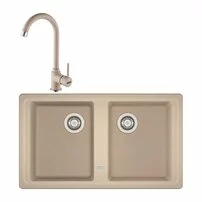 Set chiuveta bucatarie compozit Franke Basis Avena 2 cuve fara picurator 86x50 cm finisaj bej mat cu baterie Pola