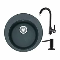 Set chiuveta bucatarie compozit Franke Rotondo 51 cm finisaj negru mat cu dozator detergent si baterie Pola