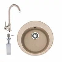 Set chiuveta bucatarie compozit Franke Rotondo Avena 51 cm finisaj bej mat cu dozator detergent si baterie Pola
