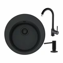 Set chiuveta bucatarie compozit Franke Rotondo VN 51 cm finisaj negru mat cu dozator detergent si baterie Pola