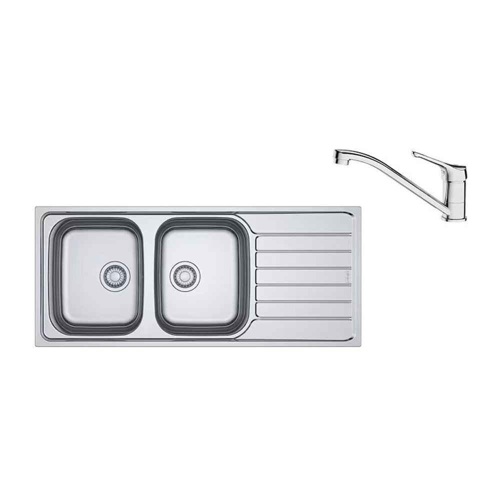 Set chiuveta bucatarie inox Franke Spark 116×50 cm cu 2 cuve si picurator dreapta finisaj lucios plus baterie crom Bucatarie > Seturi chiuvete si baterii > Noutati Franke