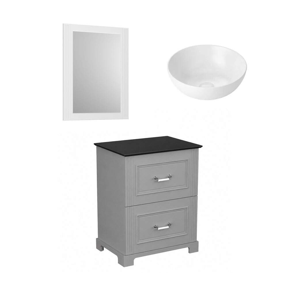 Set dulap baza pe pardoseala Krofam Oxford gri 60 cm blat negru cu lavoar 39 cm si oglinda