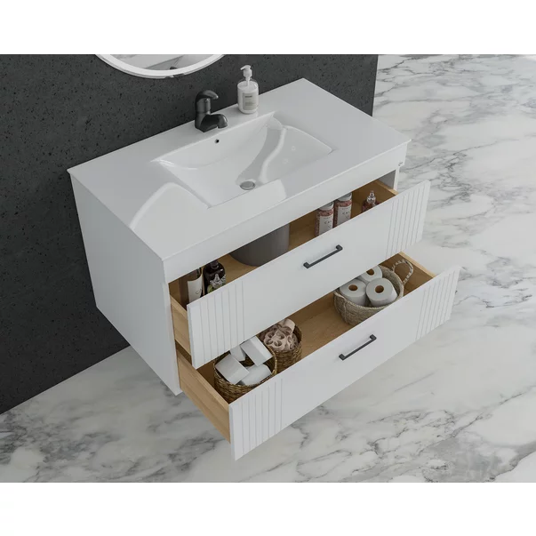 Set dulap baza suspendat alb cu 2 sertare Drop Lines Athena si lavoar alb 80 cm picture - 2