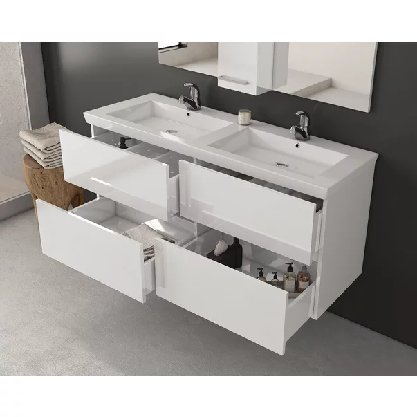 Set dulap baza suspendat alb si lavoar dublu alb Drop Luxus 120 cm picture - 2