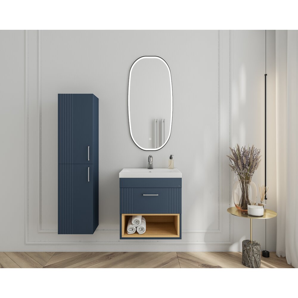 Set dulap baza suspendat bleumarin cu 1 sertar si lavoar alb Drop Lines Diana 50 cm