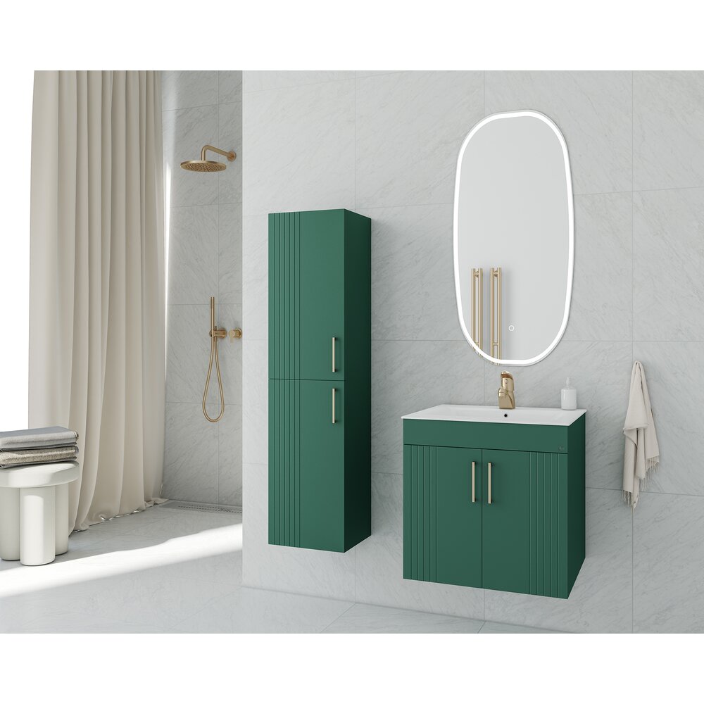 Set dulap baza suspendat Drop Lines Hera verde cu 2 usi si lavoar alb 50 cm