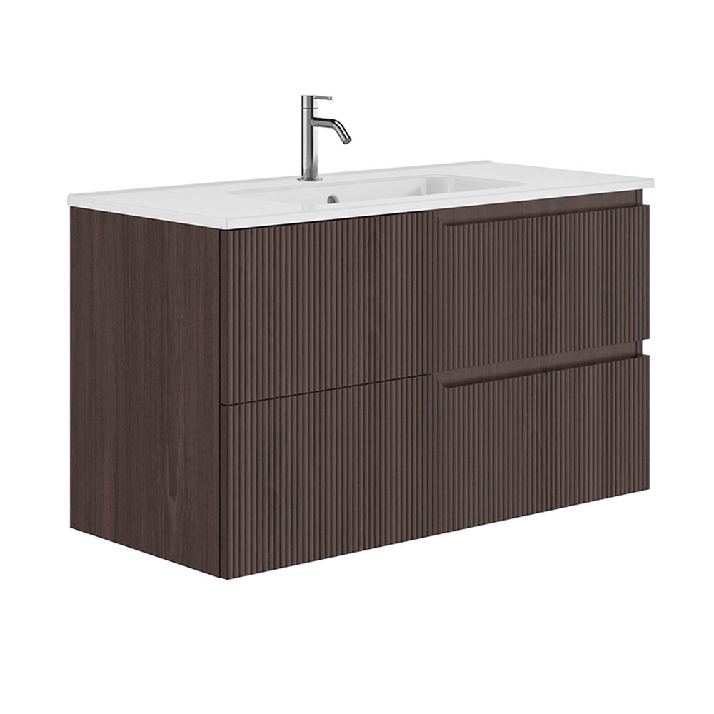 Set dulap baza suspendat Gala Canaletto 2 sertare 100 cm finisaj nuc negru si lavoar Luc alb