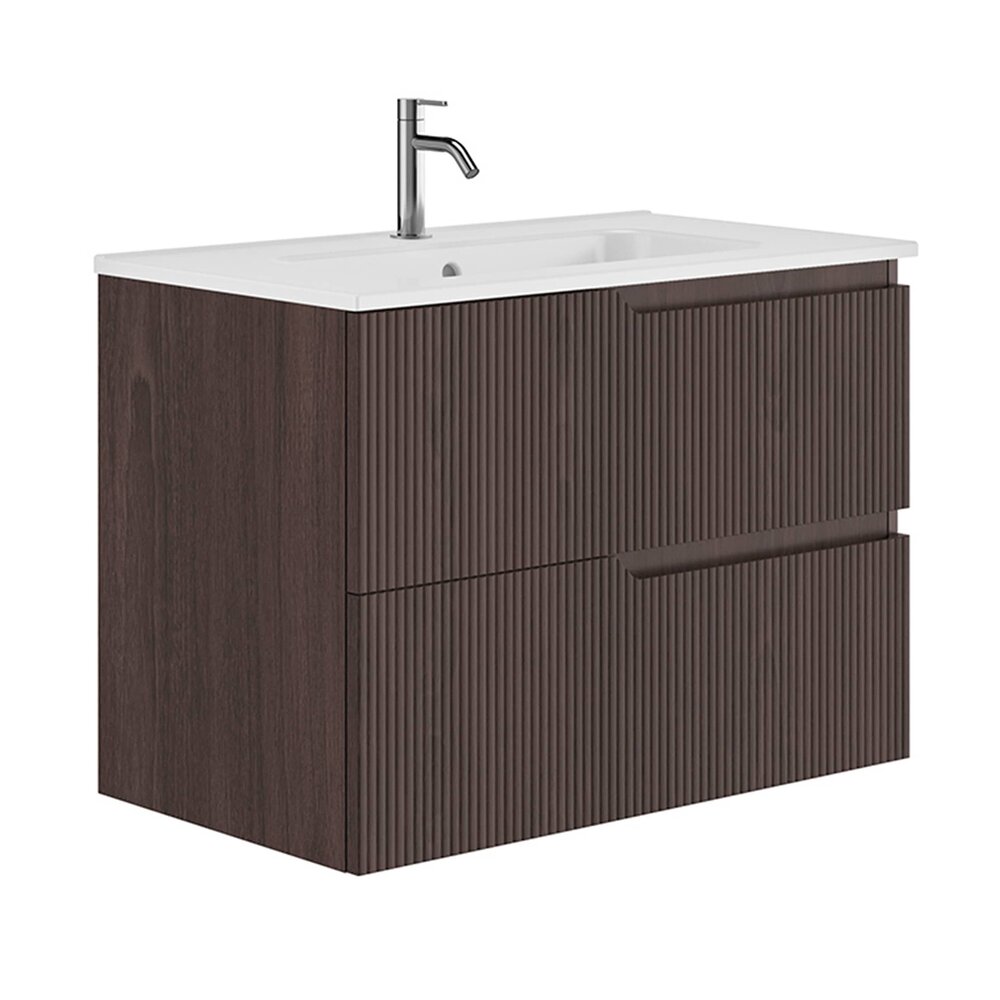 Set dulap baza suspendat Gala Canaletto 2 sertare 80 cm finisaj nuc negru si lavoar Luc alb