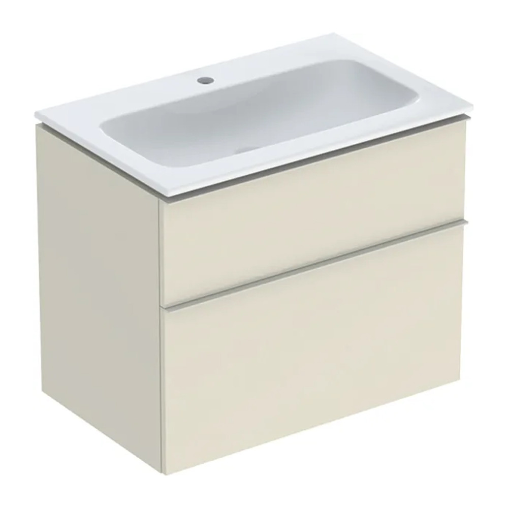 Set dulap baza suspendat Geberit iCon gri nisip lucios 2 sertare si lavoar 75 cm alb