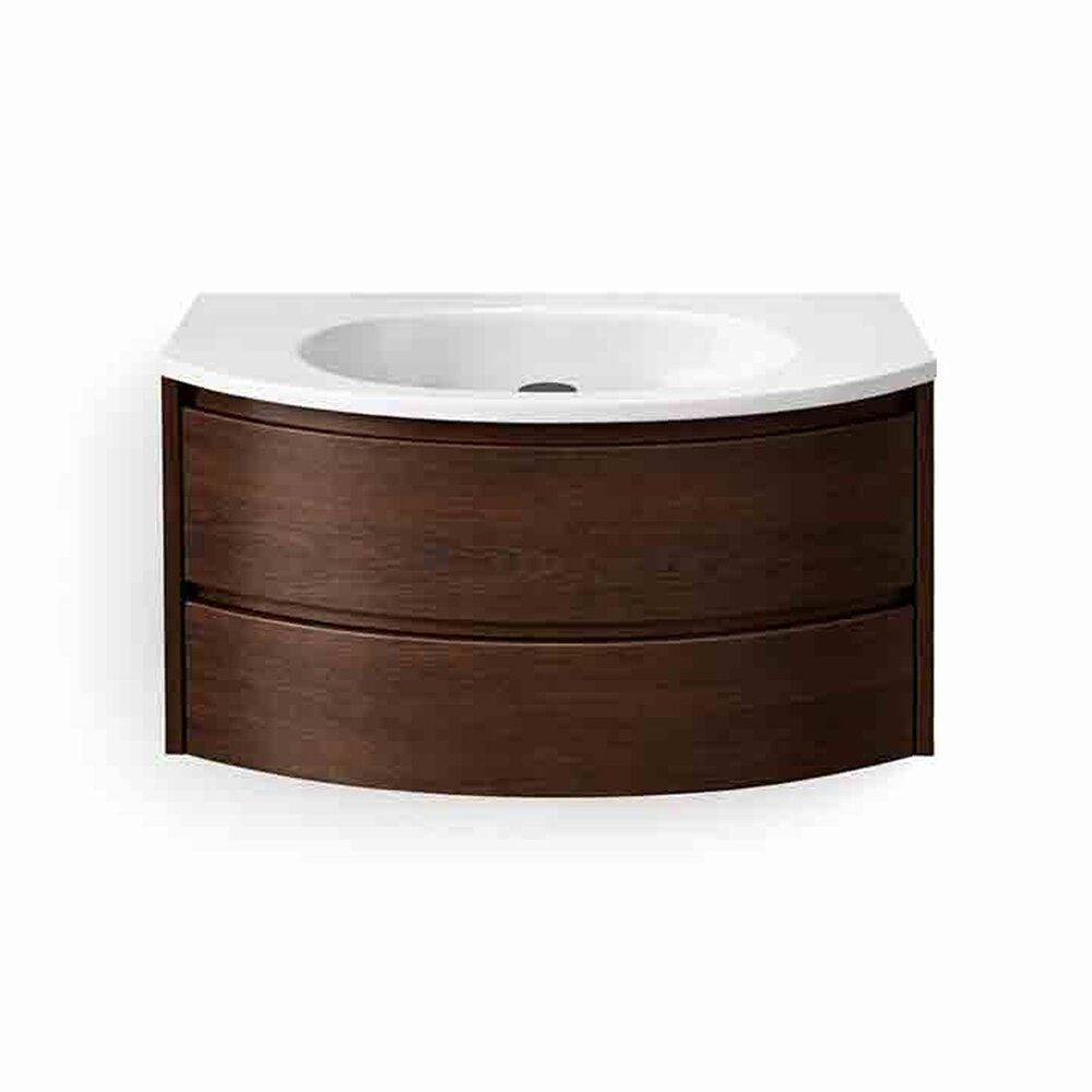 Set dulap baza suspendat KolpaSan Joy 2 sertare 80 cm finisaj dark oak cu lavoar alb