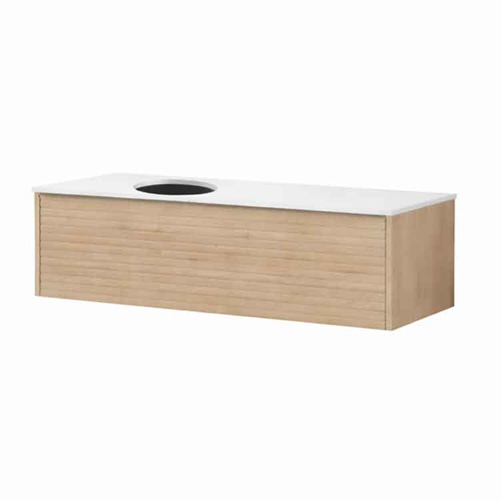 Set dulap baza suspendat KolpaSan Orphia canelat 1 sertar 120 cm finisaj acacia cu blat Kerrock