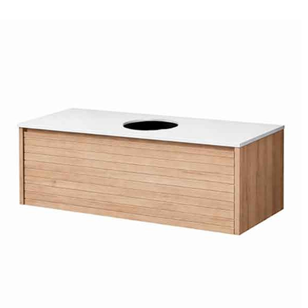 Set dulap baza suspendat KolpaSan Orphia canelat 1 sertar 80 cm finisaj acacia cu blat Kerrock