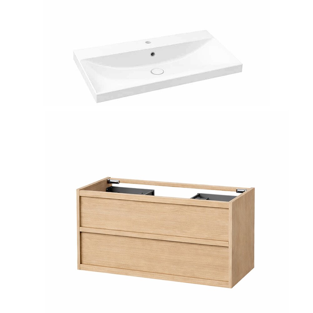 Set dulap baza suspendat KolpaSan Storia 2 sertare 100 cm finisaj acacia cu lavoar ceramic alb