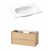Set dulap baza suspendat KolpaSan Storia 2 sertare 100 cm finisaj acacia cu lavoar compozit Kerrock alb