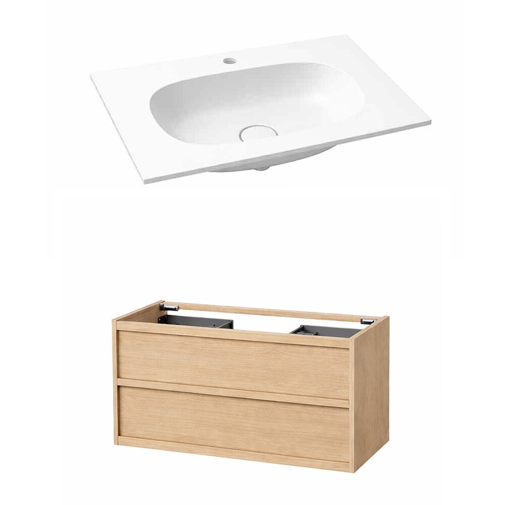 Set dulap baza suspendat KolpaSan Storia 2 sertare 100 cm finisaj acacia cu lavoar compozit Kerrock alb