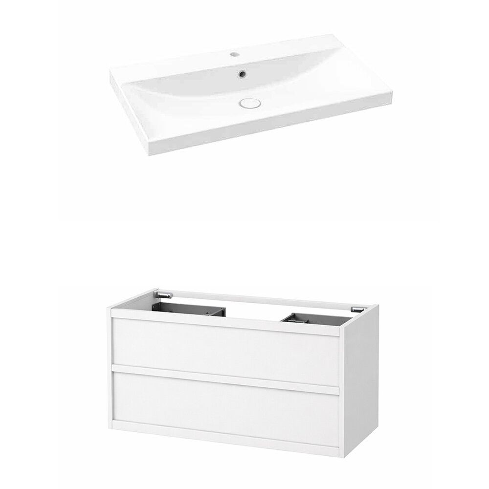 Set dulap baza suspendat KolpaSan Storia 2 sertare 100 cm finisaj alb cu lavoar ceramic alb