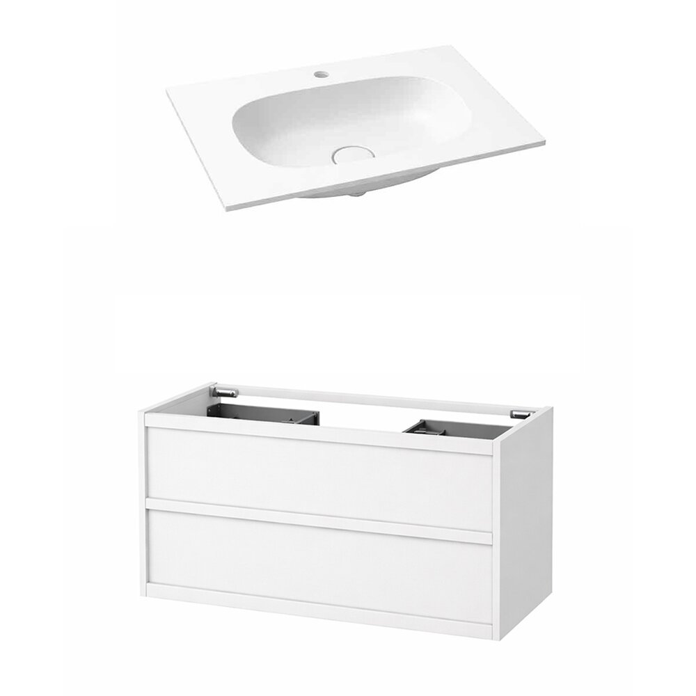 Set dulap baza suspendat KolpaSan Storia 2 sertare 100 cm finisaj alb cu lavoar compozit Kerrock alb