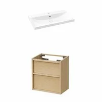 Set dulap baza suspendat KolpaSan Storia 2 sertare 60 cm finisaj acacia cu lavoar ceramic alb