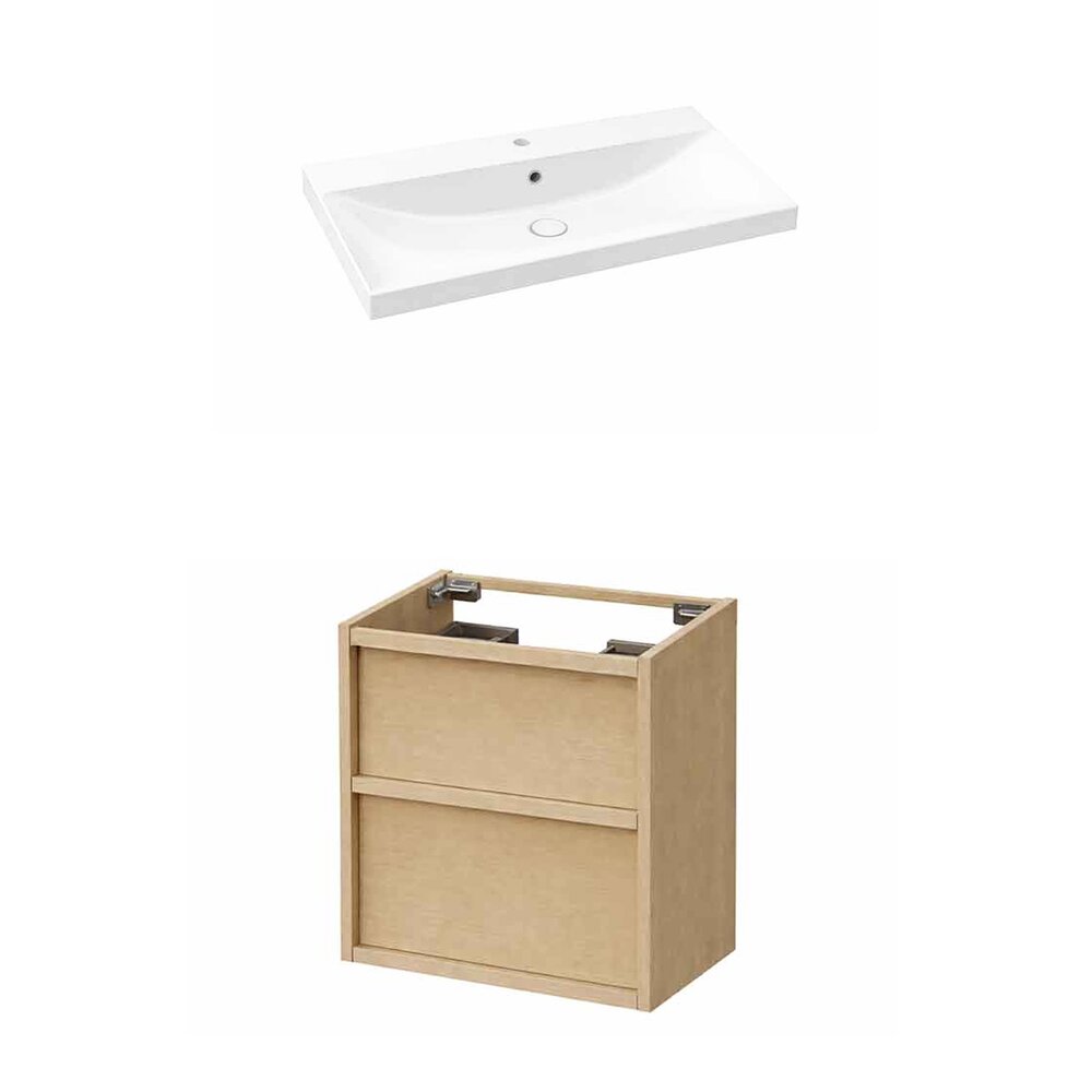 Set dulap baza suspendat KolpaSan Storia 2 sertare 60 cm finisaj acacia cu lavoar ceramic alb