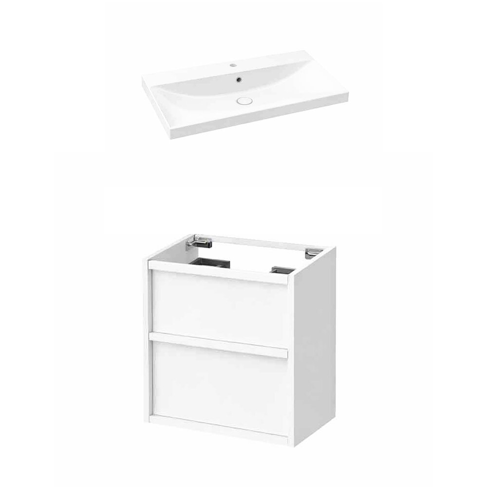 Set dulap baza suspendat KolpaSan Storia 2 sertare 60 cm finisaj alb cu lavoar ceramic alb