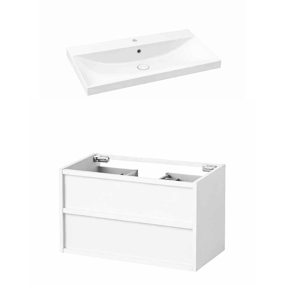 Set dulap baza suspendat KolpaSan Storia 2 sertare 80 cm finisaj alb cu lavoar ceramic alb