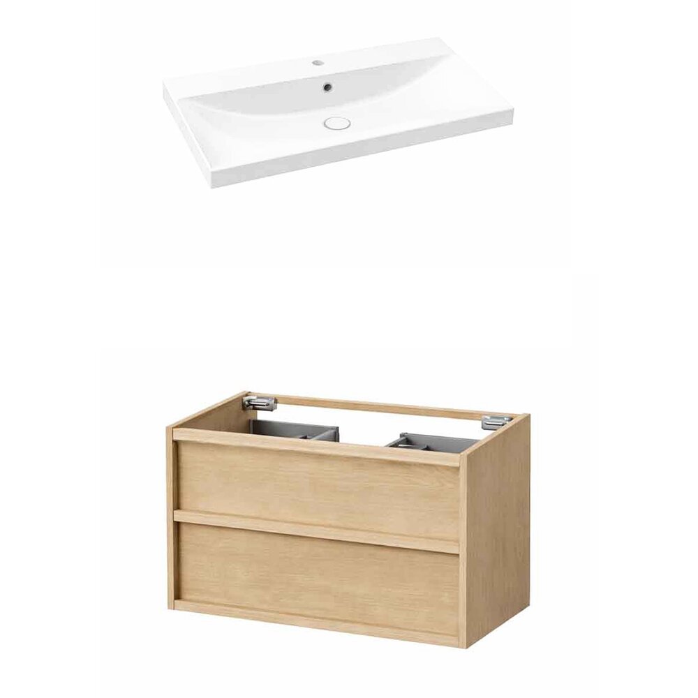 Set dulap baza suspendat KolpaSan Storia 2 sertare 90 cm finisaj acacia cu lavoar ceramic alb