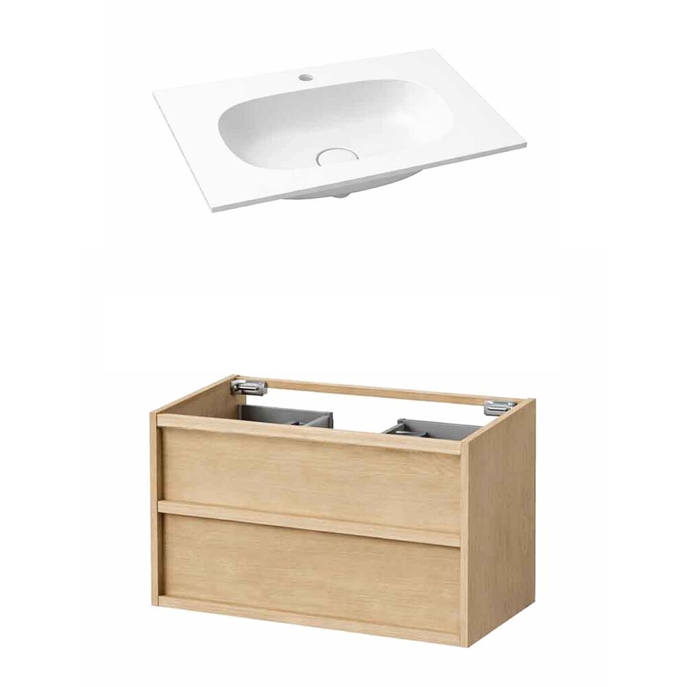 Set dulap baza suspendat KolpaSan Storia 2 sertare 90 cm finisaj acacia cu lavoar compozit Kerrock alb