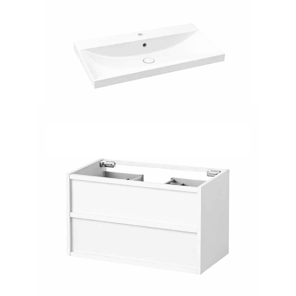 Set dulap baza suspendat KolpaSan Storia 2 sertare 90 cm finisaj alb cu lavoar ceramic alb
