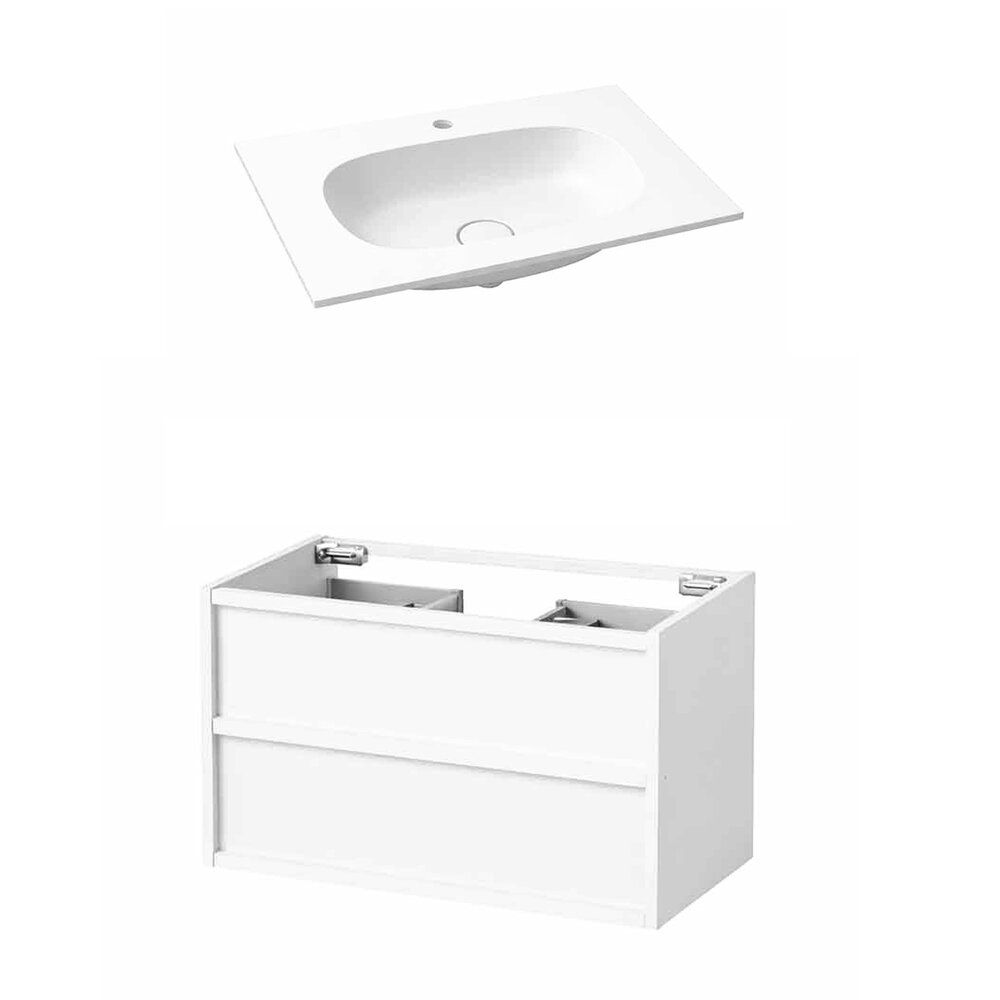 Set dulap baza suspendat KolpaSan Storia 2 sertare 90 cm finisaj alb cu lavoar compozit Kerrock alb