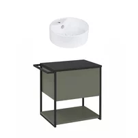 Set dulap baza suspendat Krofam Lov verde-negru 60 cm blat negru cu lavoar 38 cm