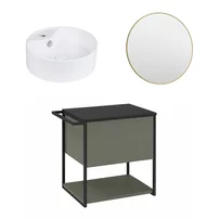 Set dulap baza suspendat Krofam Lov verde-negru 60 cm blat negru cu lavoar 38 cm si oglinda cu rama aurie