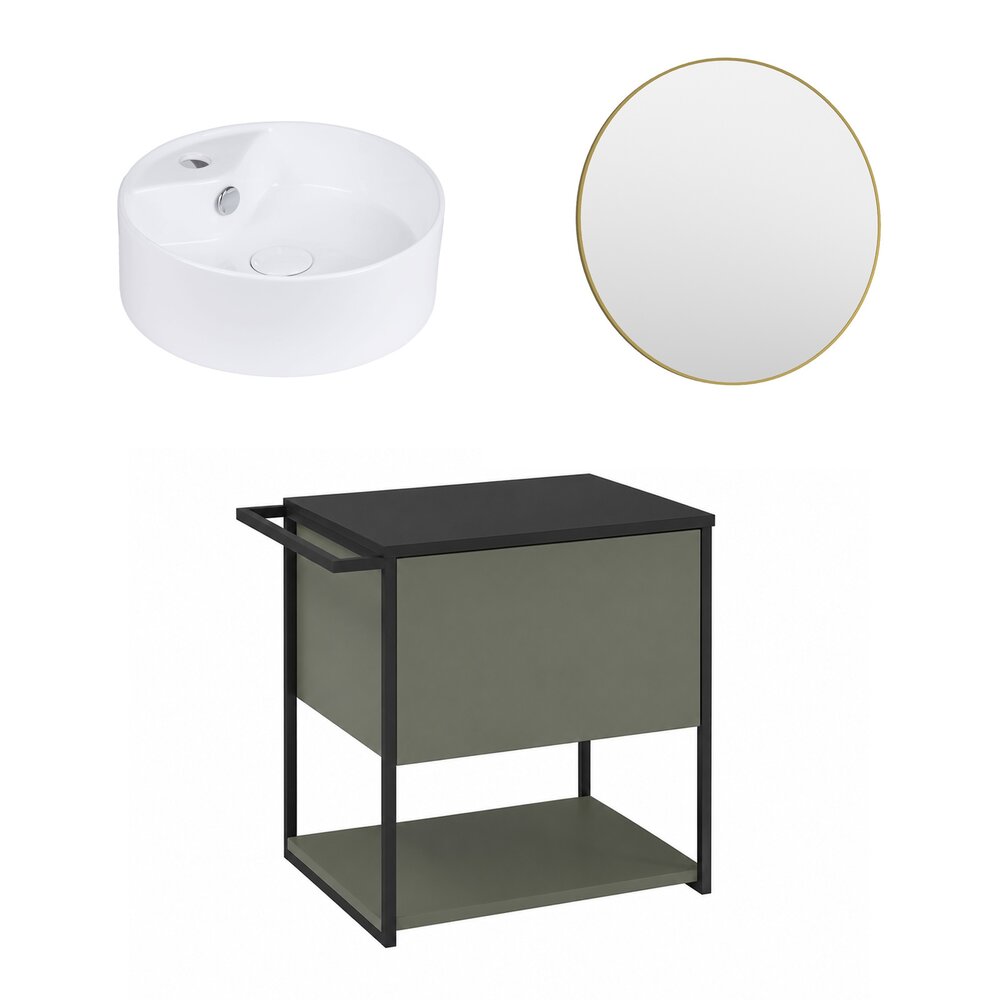 Set dulap baza suspendat Krofam Lov verde-negru 60 cm blat negru cu lavoar 38 cm si oglinda cu rama aurie