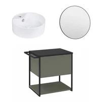 Set dulap baza suspendat Krofam Lov verde-negru 60 cm blat negru cu lavoar 38 cm si oglinda cu rama neagra