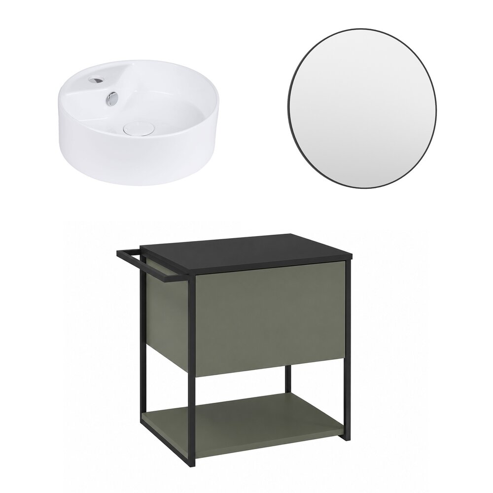 Set dulap baza suspendat Krofam Lov verde-negru 60 cm blat negru cu lavoar 38 cm si oglinda cu rama neagra