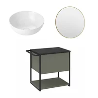 Set dulap baza suspendat Krofam Lov verde-negru 60 cm blat negru cu lavoar 39 cm si oglinda cu rama aurie
